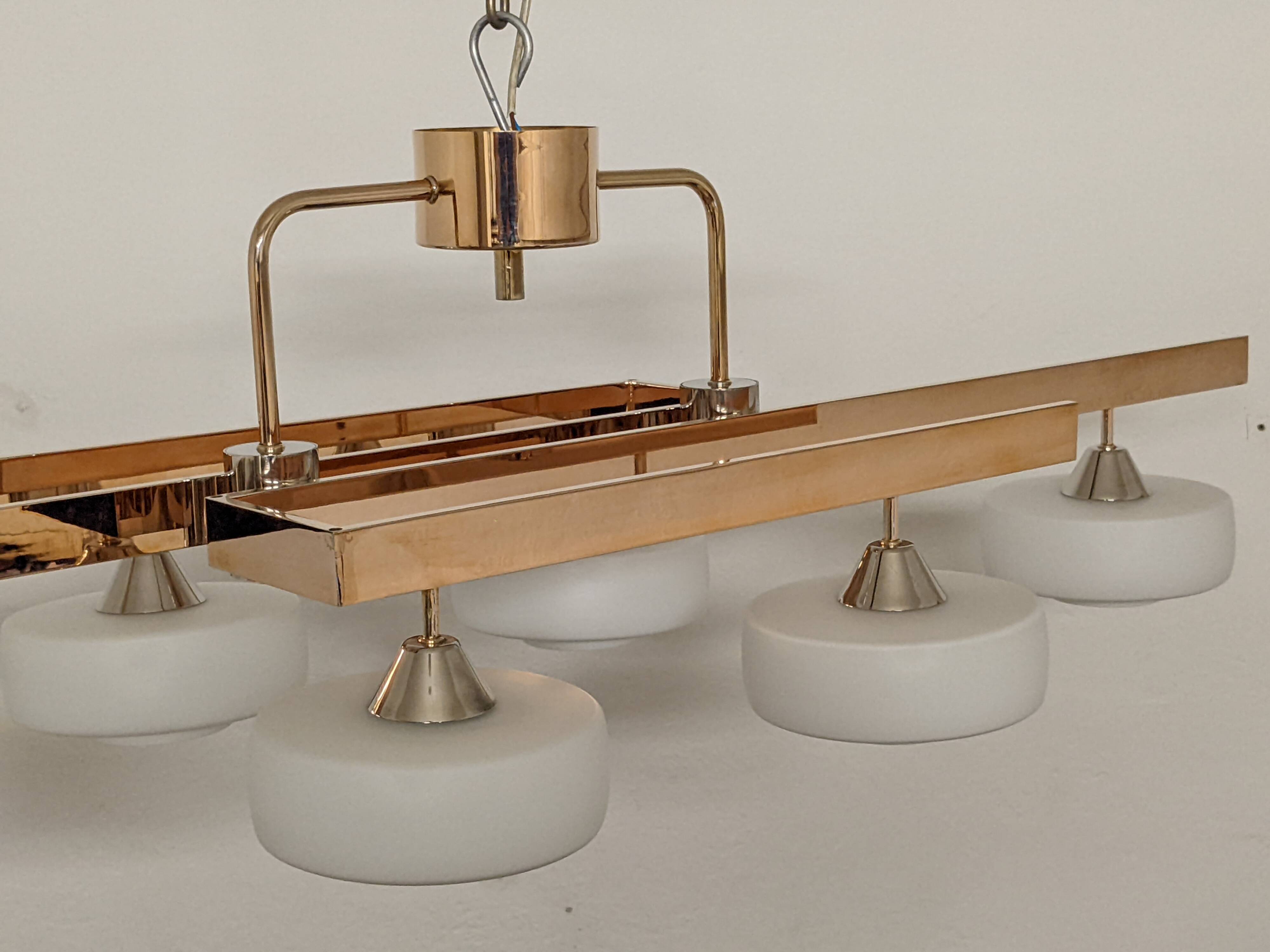 Arlus chandelier with 6 lights in opaline and brass from the 60s/70s