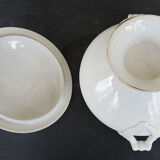 Old white ceramic soup bowl pine cone