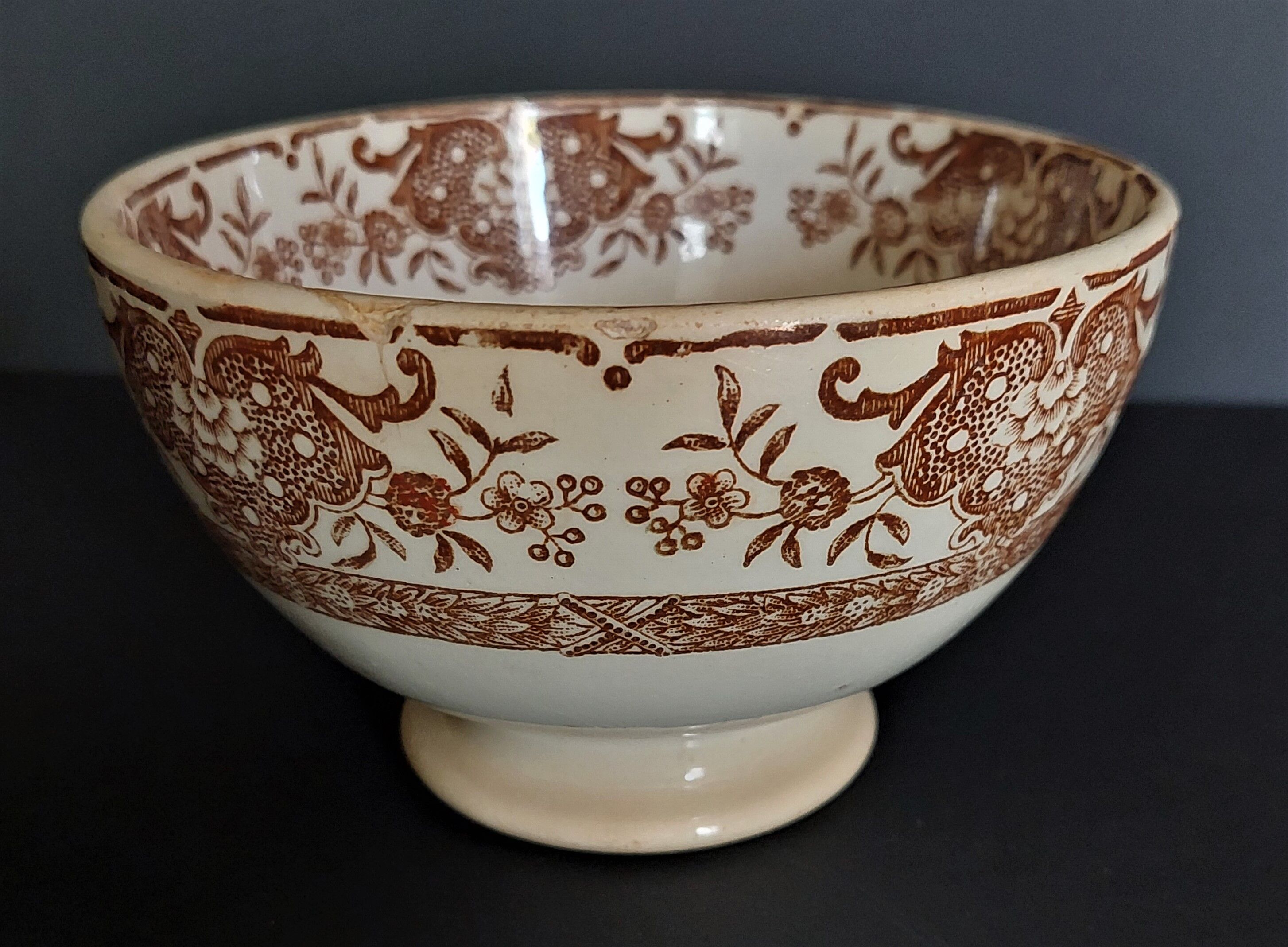 Old earthenware bowl Creil late nineteenth brown decoration