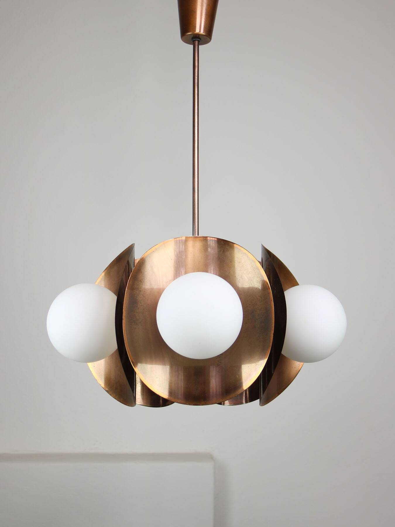 Vintage Italian Copper and Opaline Chandelier, 70s