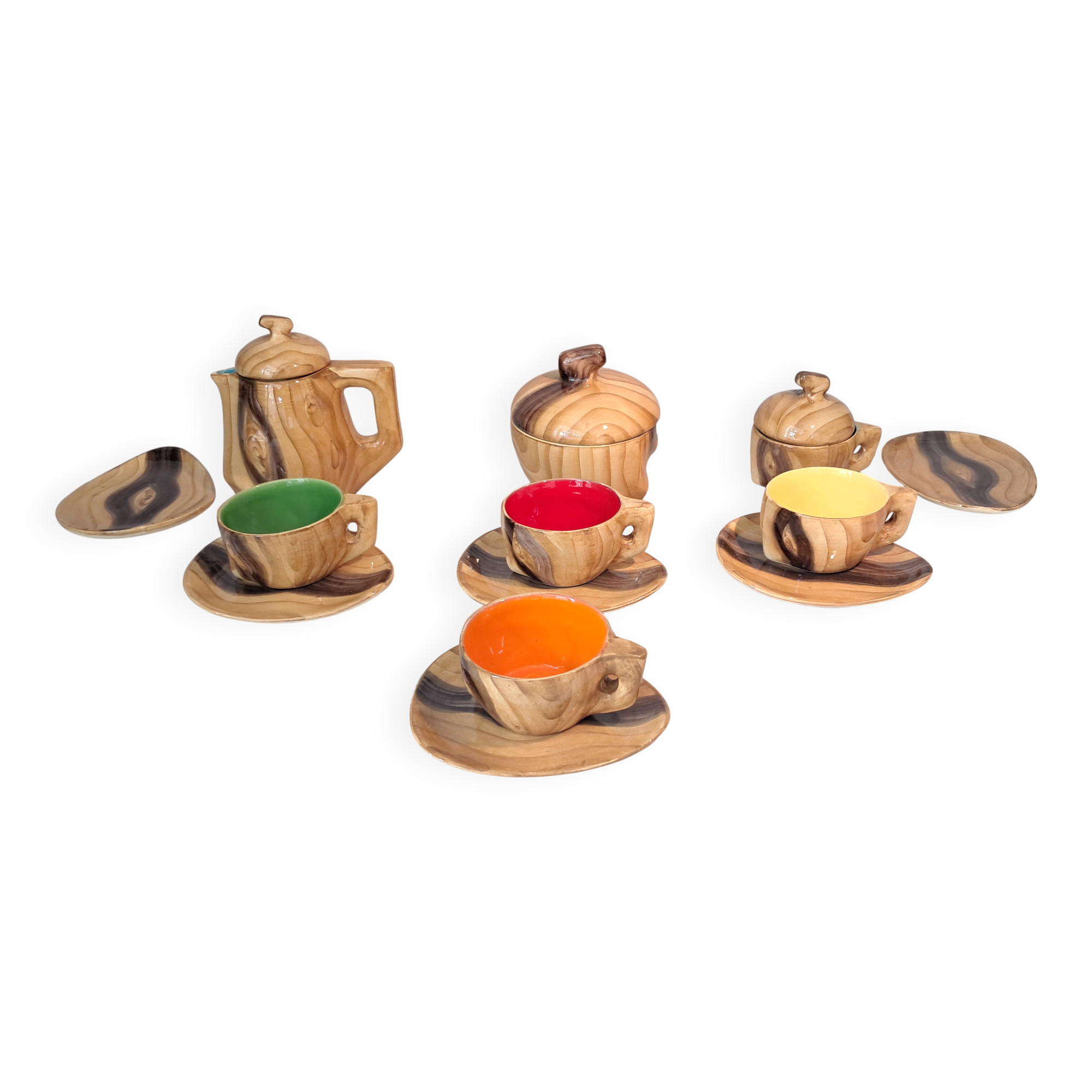 13-piece coffee service in faux wood Granjean Vallauris 1960.