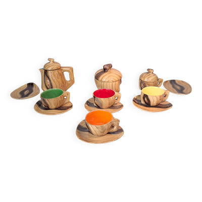 Service à café 13 pièces en faux bois Granjean Vallauris 1960.