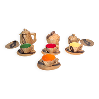 13-piece coffee service in faux wood Granjean Vallauris 1960.