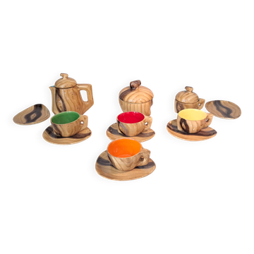 13-piece coffee service in faux wood Granjean Vallauris 1960.
