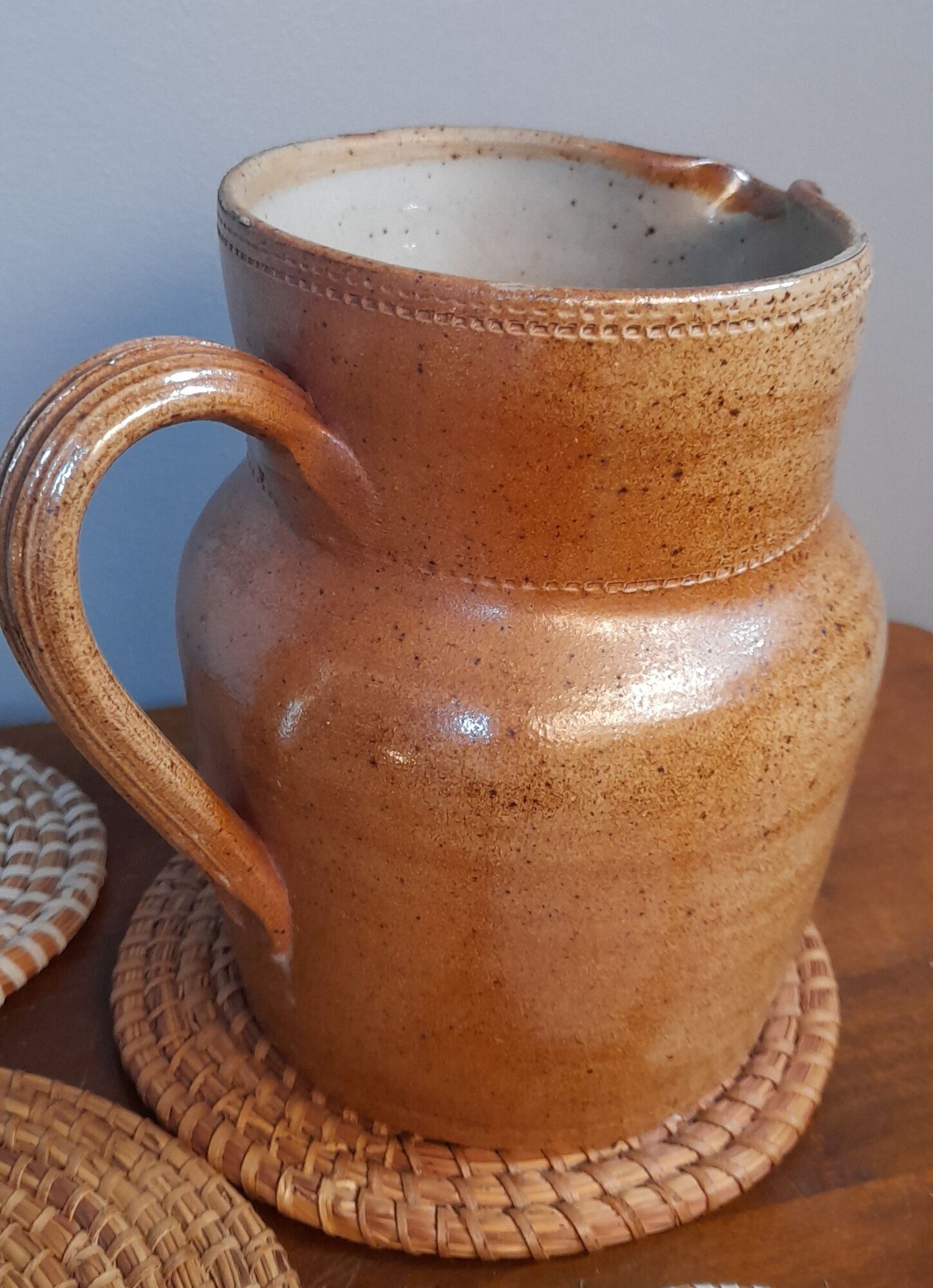 Pitcher in sandstone stamped glazed terracotta, bonny sandstone, handmade