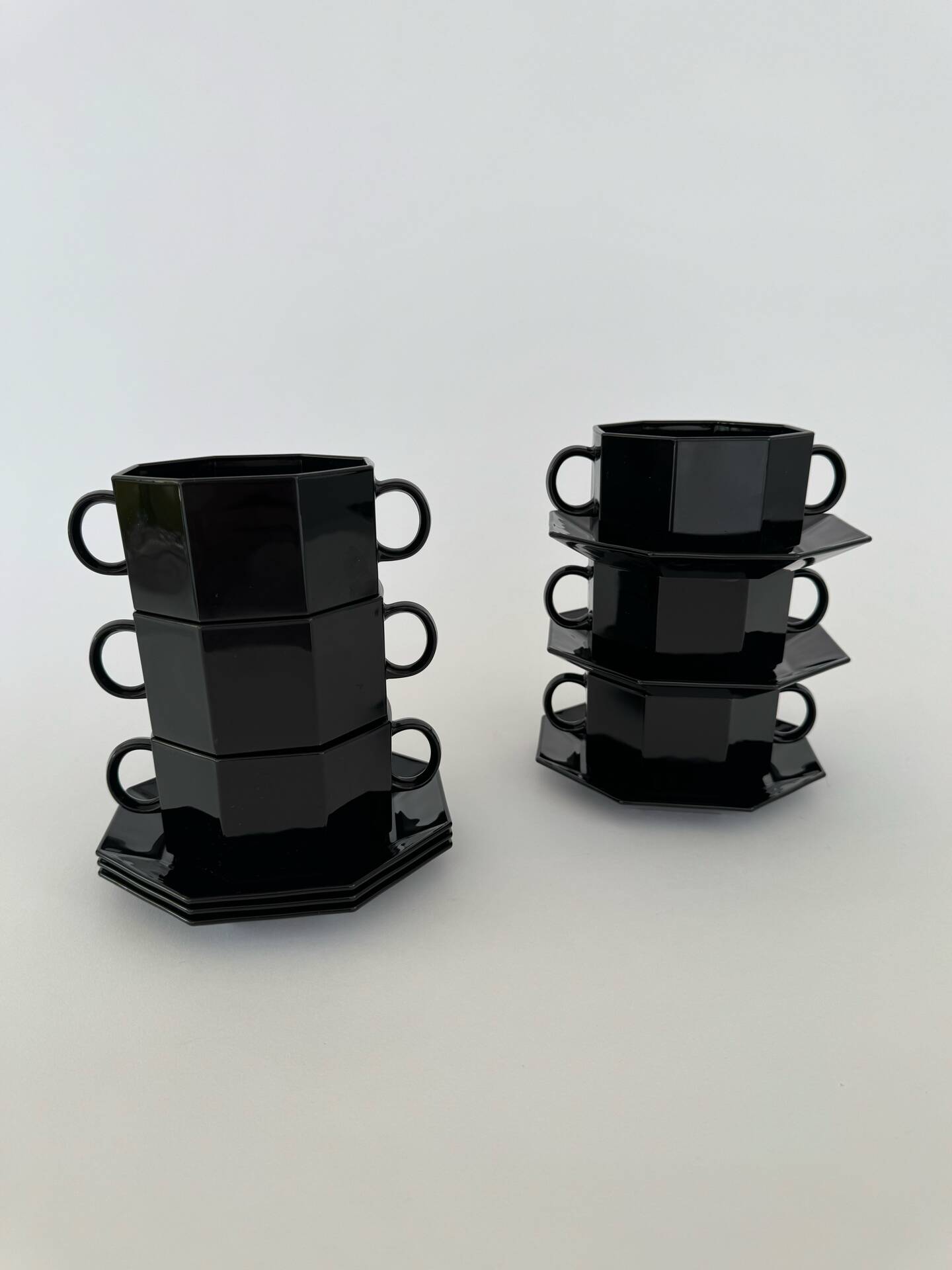 Vintage Set of 6 Arcoroc Black Glass Soup Cups and Saucers Set