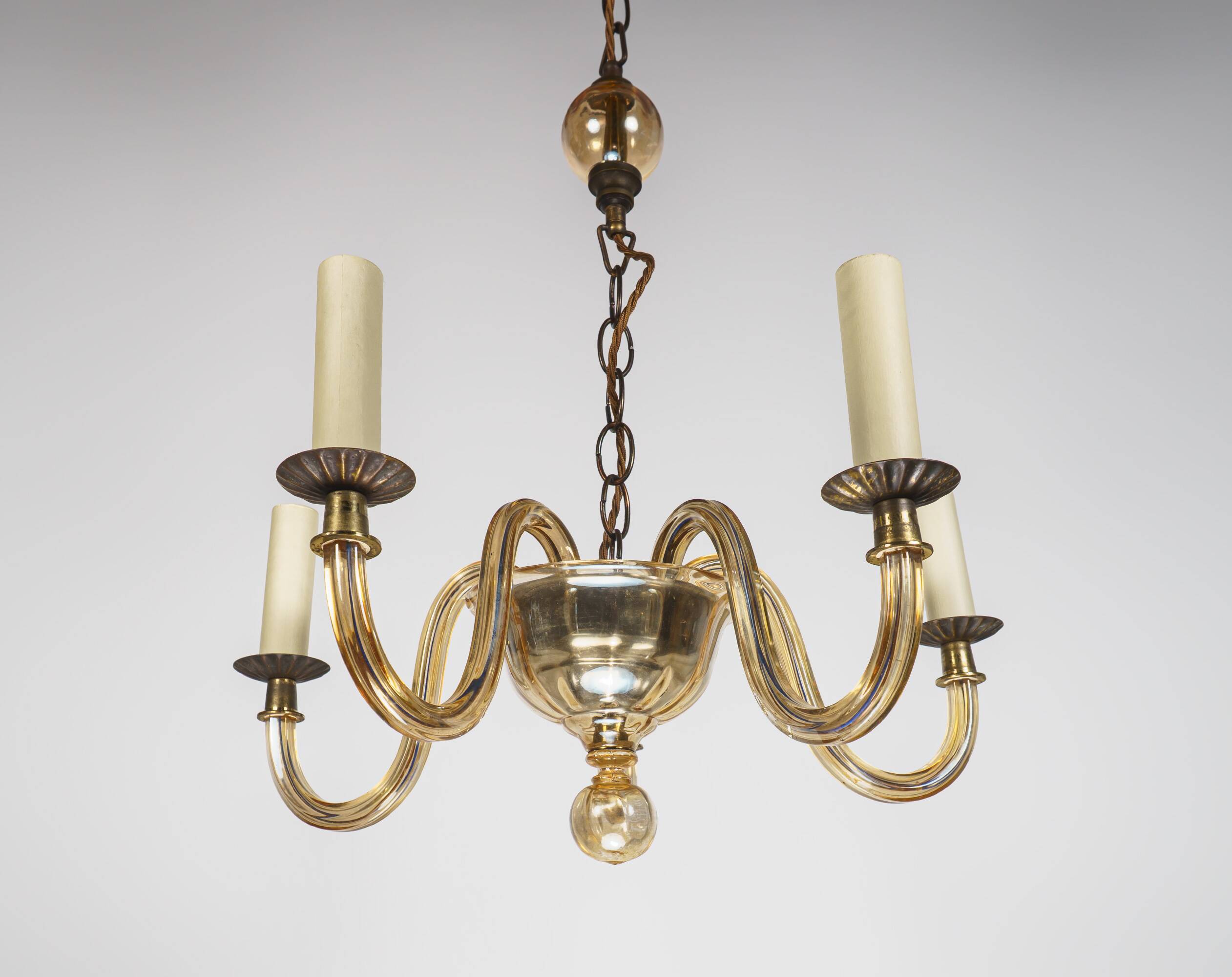 Vintage Murano 5-Arm Ribbed Topaz Glass Chandelier Pendant Lamp