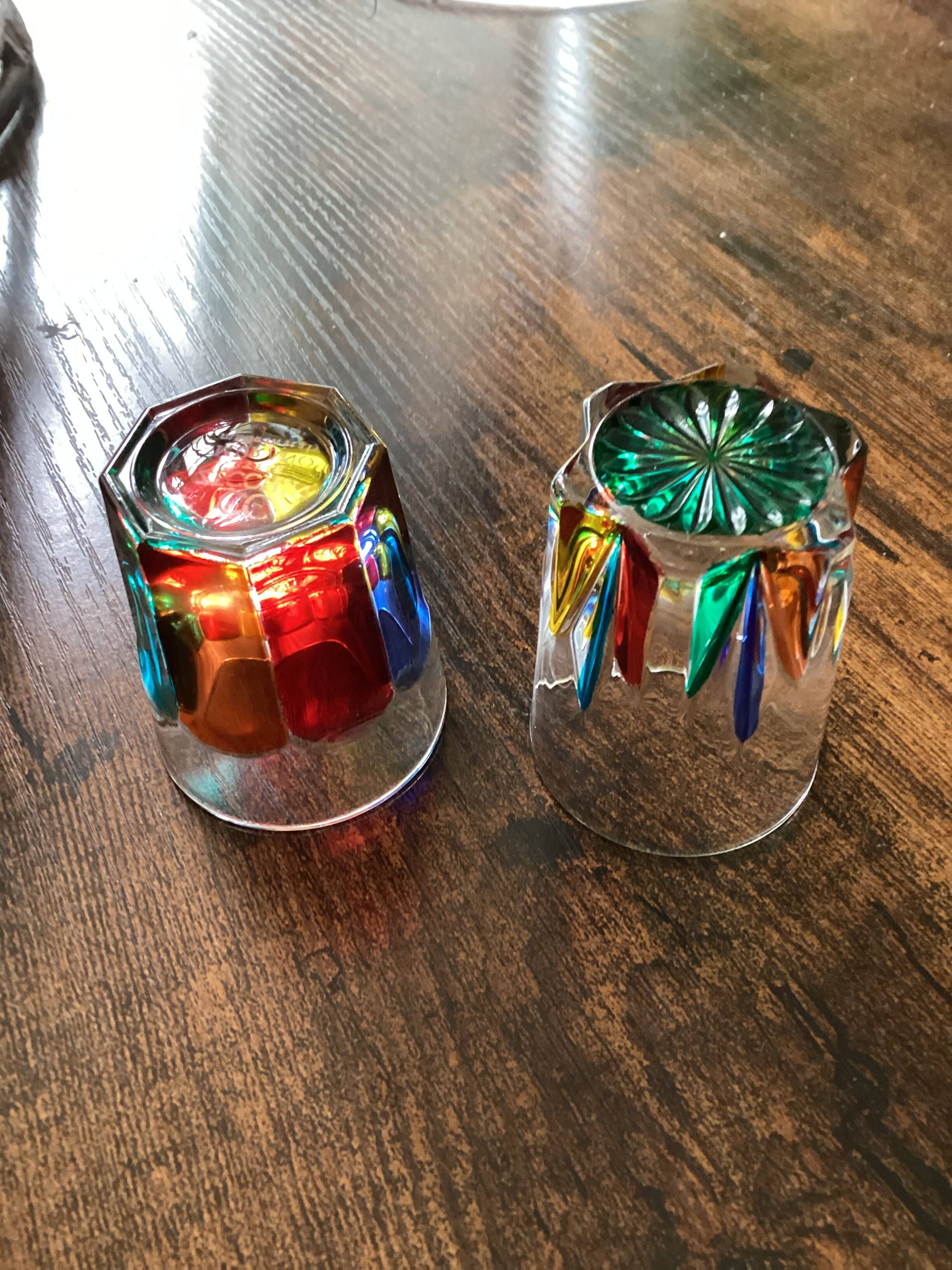 Two Shot Glasses,: One Murano, One CC Zechin using Murano Techniques.