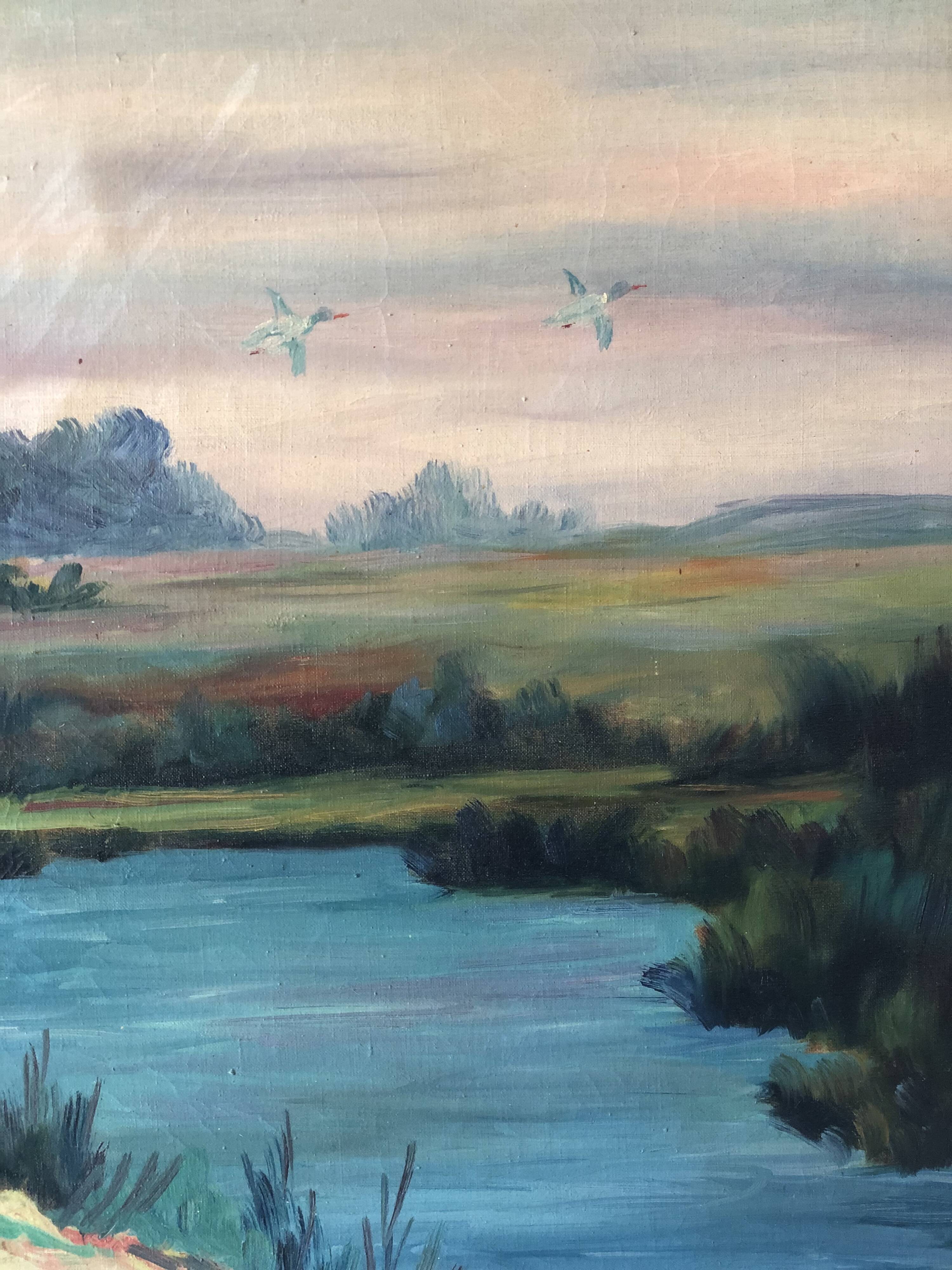 Large Original Vintage River Landscape Oil Painting, circa 1960