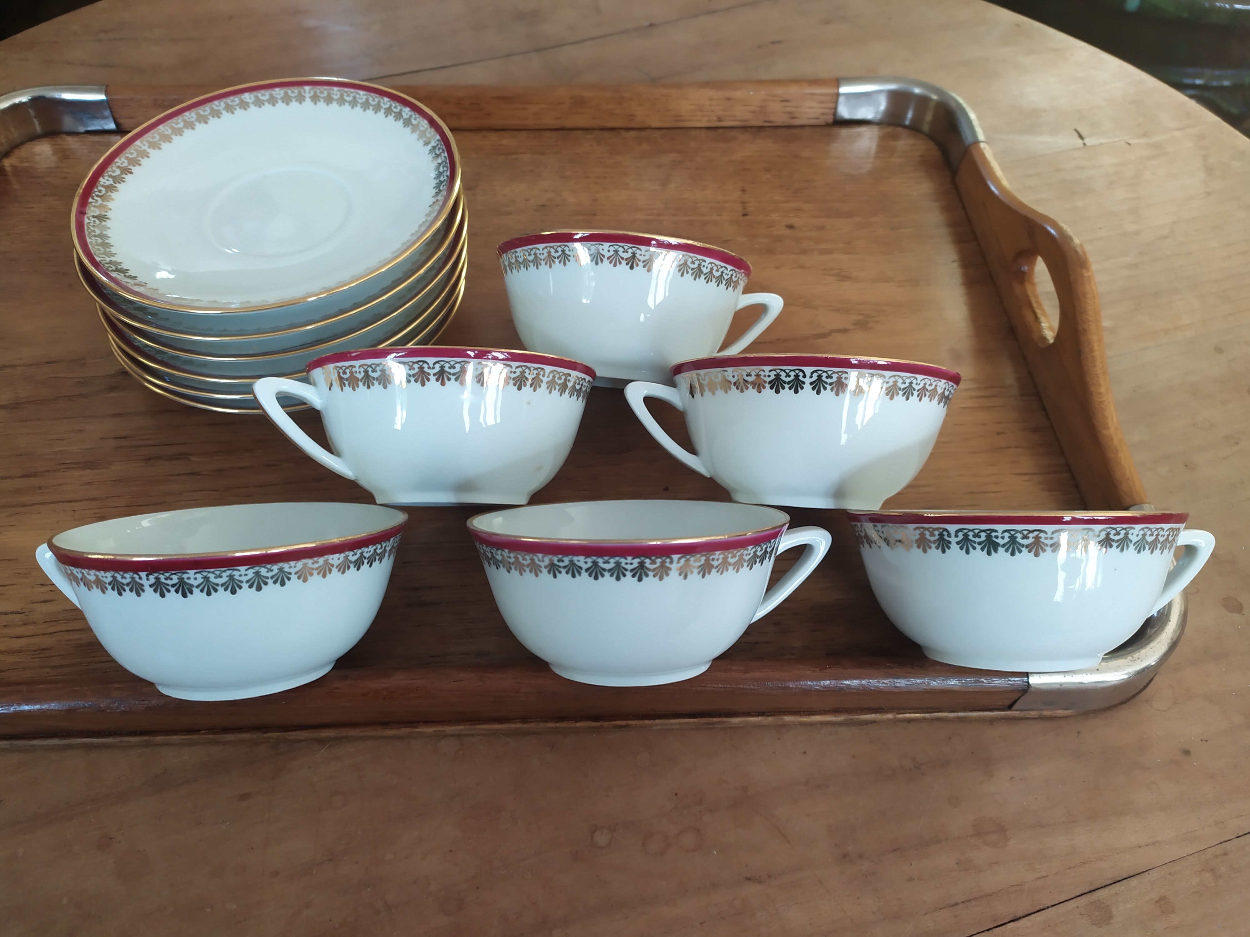 6 Pillivuyt pink and gold porcelain coffee cups