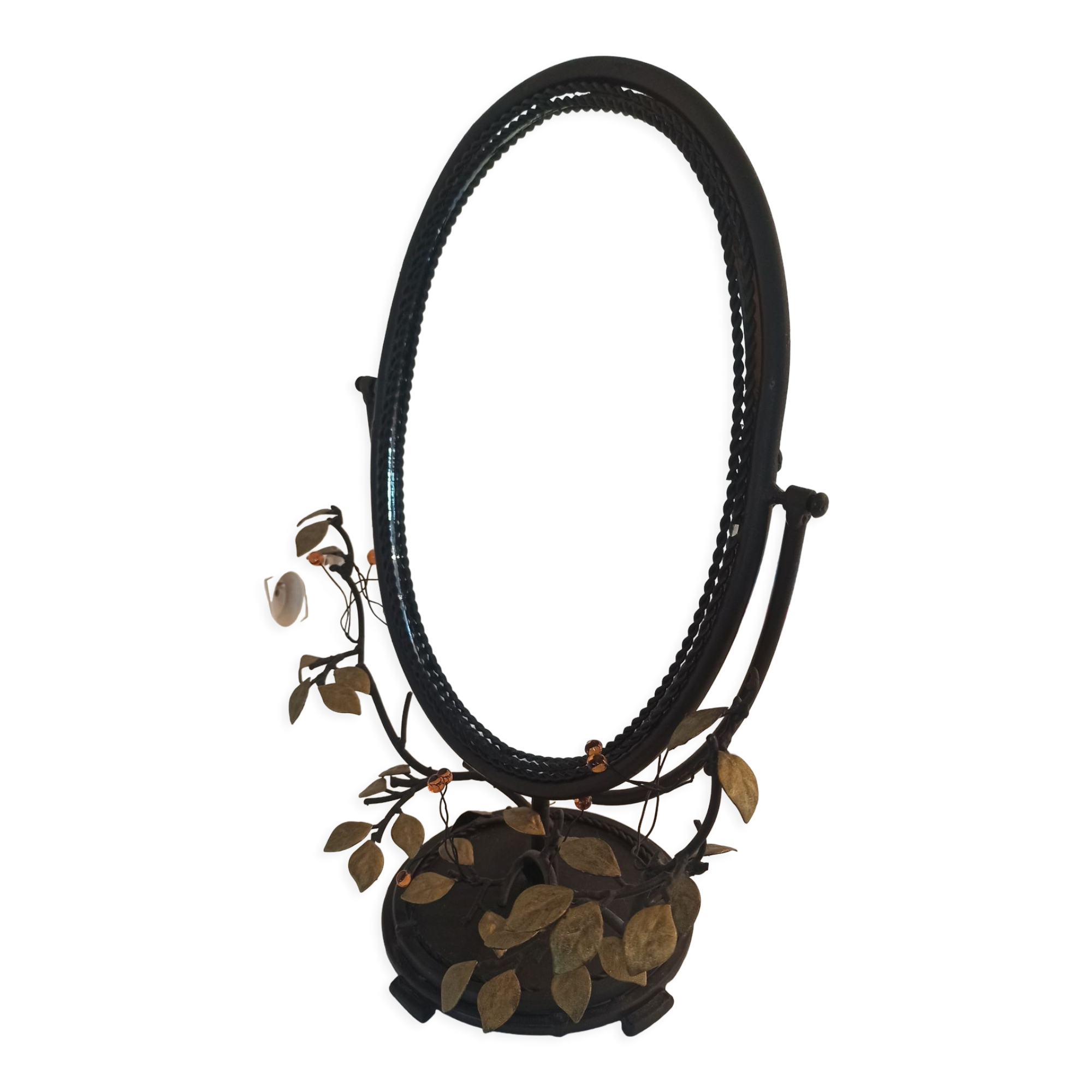 Table mirror, tilting psyche in patinated bronze decorated with leaves and fruits