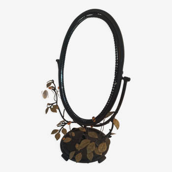 Table mirror, tilting psyche in patinated bronze decorated with leaves and fruits