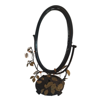 Table mirror, tilting psyche in patinated bronze decorated with leaves and fruits