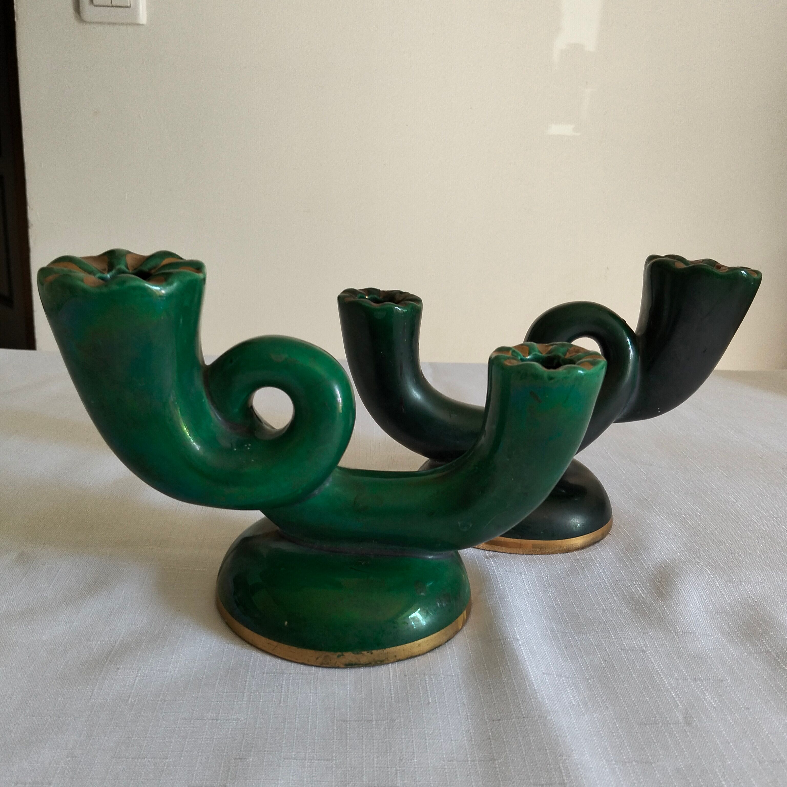 Pair of vintage green Art Deco candlesticks
