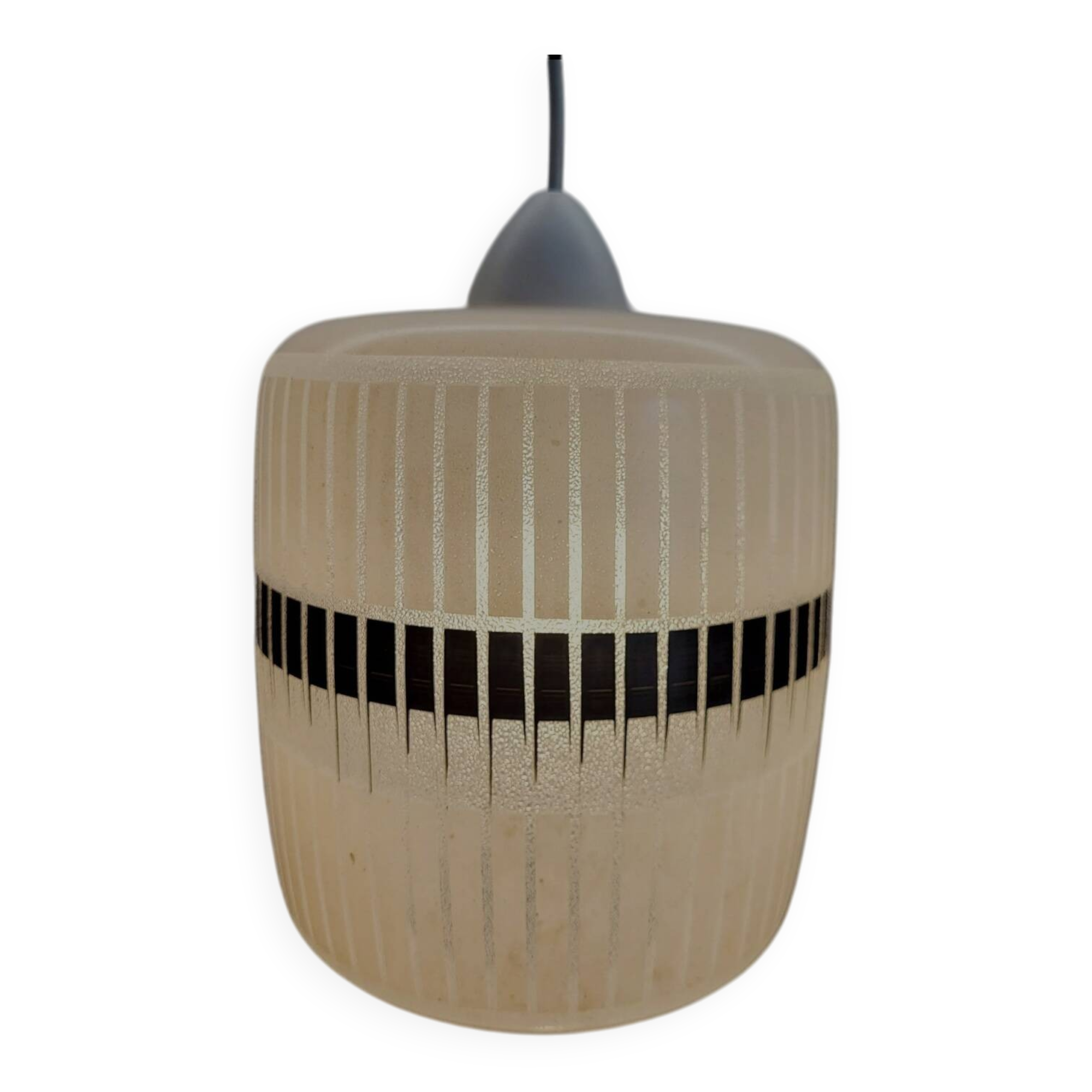 Lampe à suspension vintage en glaçure, avec décor noir en relief, jaren 80