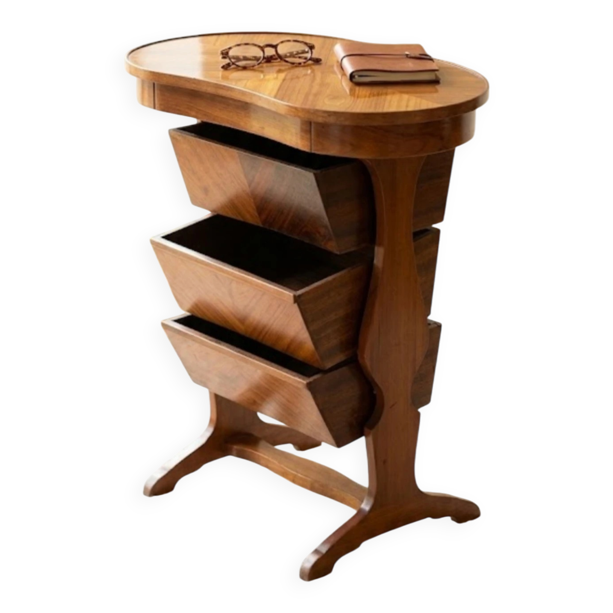RARE Vintage 1960 Haricot Table — Marquetry & Rotating Storage