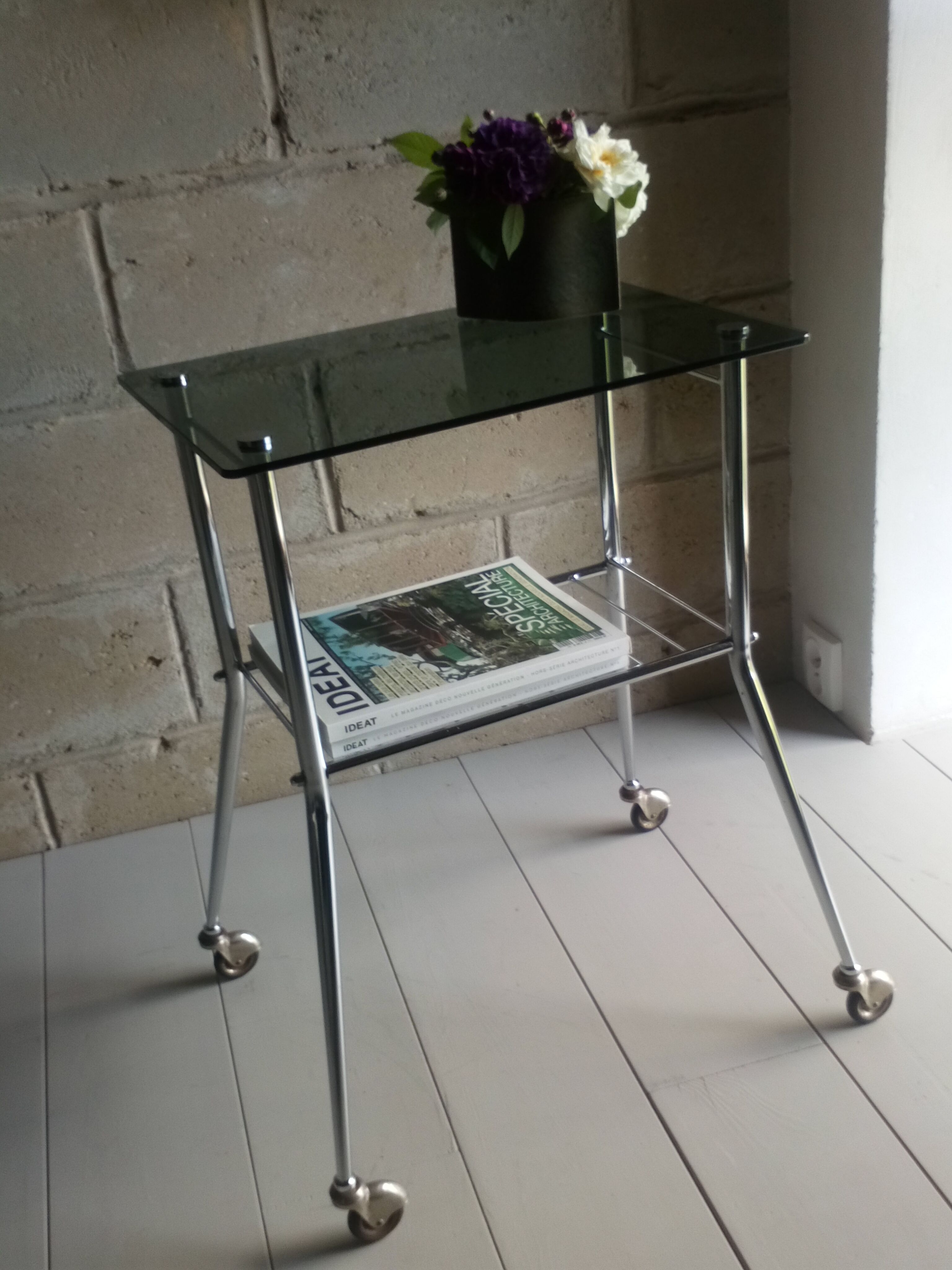 Side table feet thongs and tray smoked glass 1960
