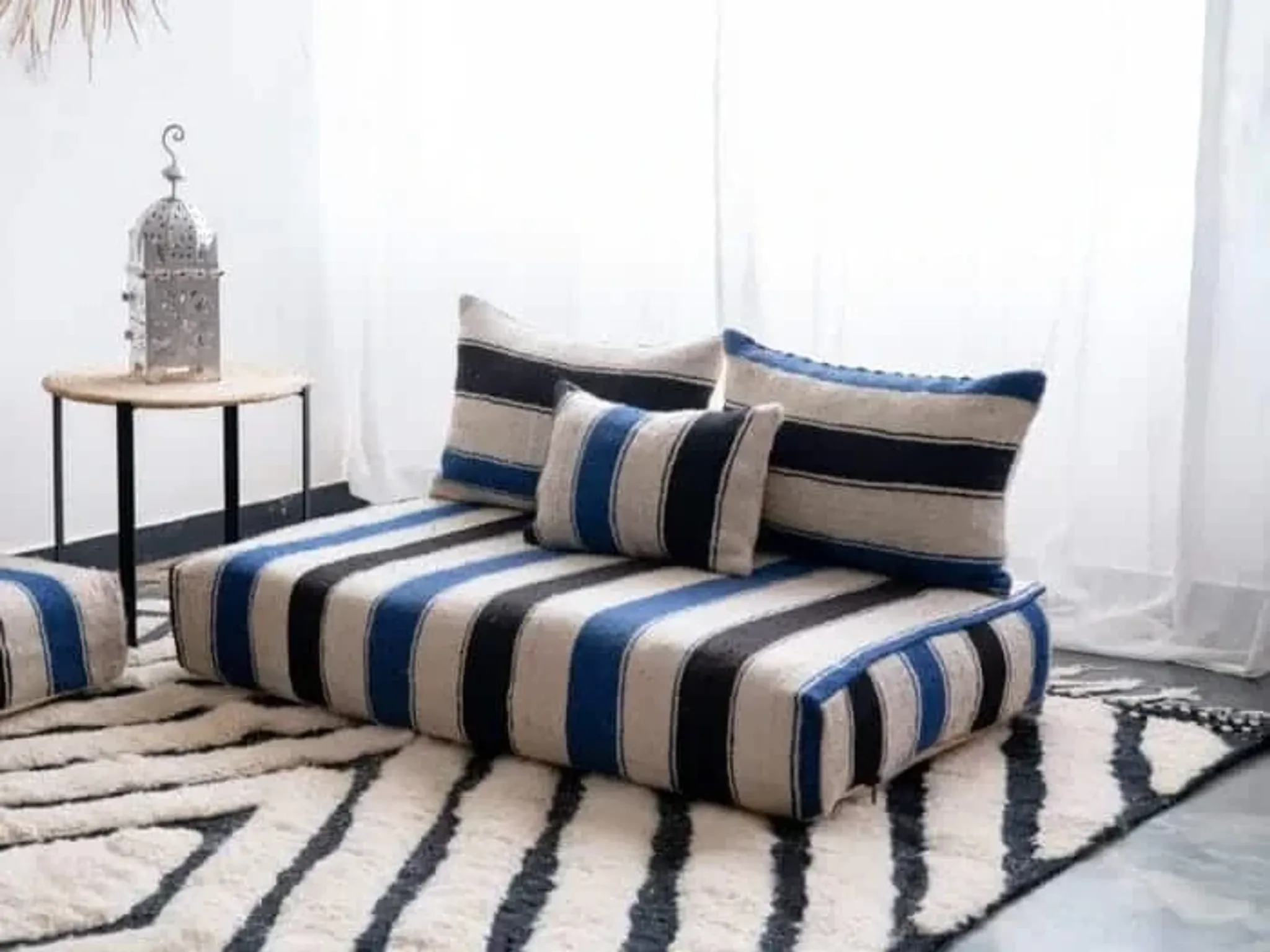 Handmade Moroccan blue and black floor cushion 120x70cm