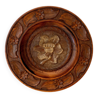 Vintage Handcarved Wooden Plate, Floral Folk Art, Wall Hanging, 1960s Decor