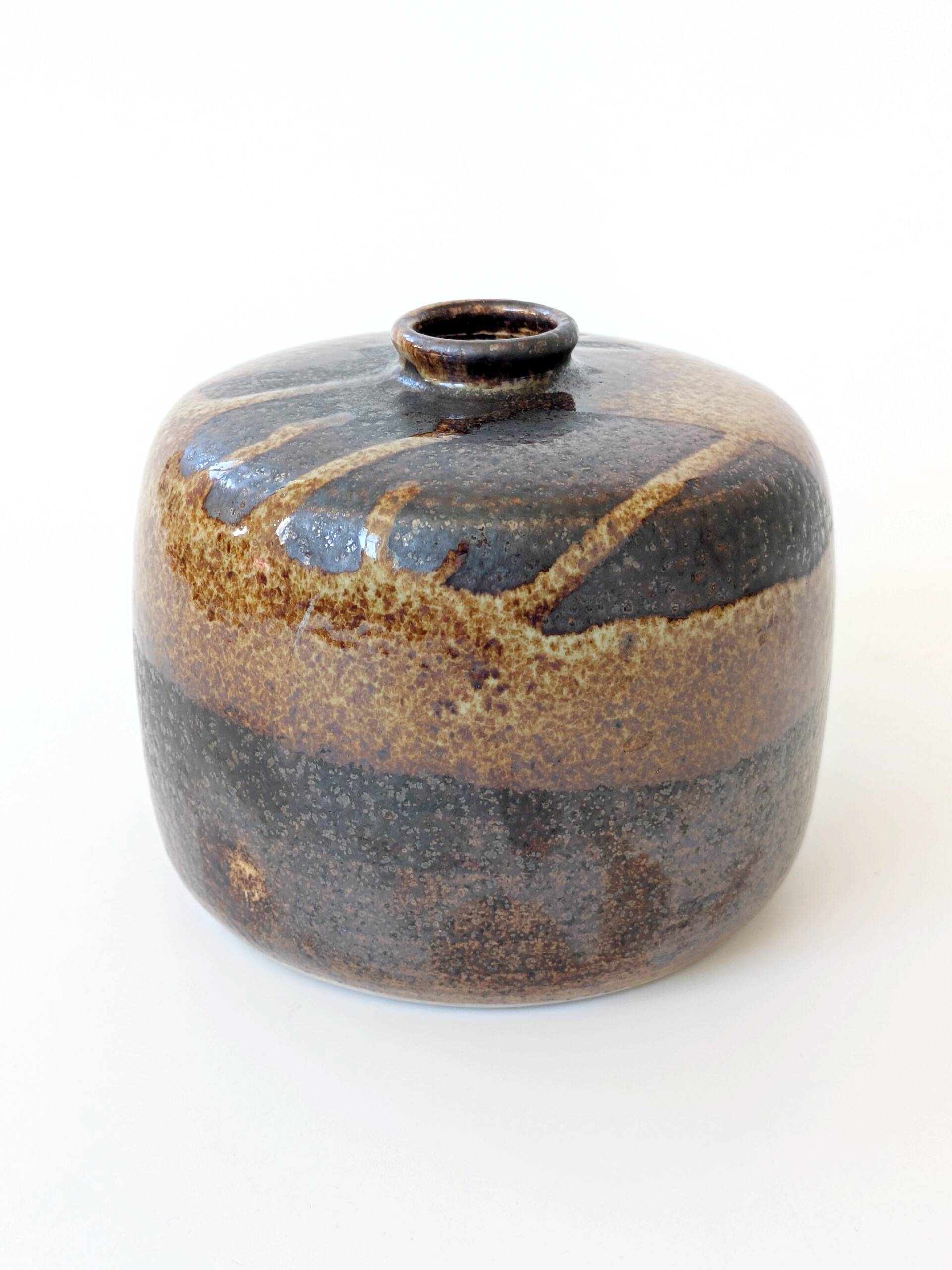 Round stoneware vase, brown and cream glaze, vintage handmade pottery