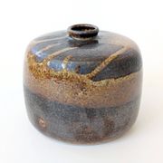 Round stoneware vase, brown and cream glaze, vintage handmade pottery
