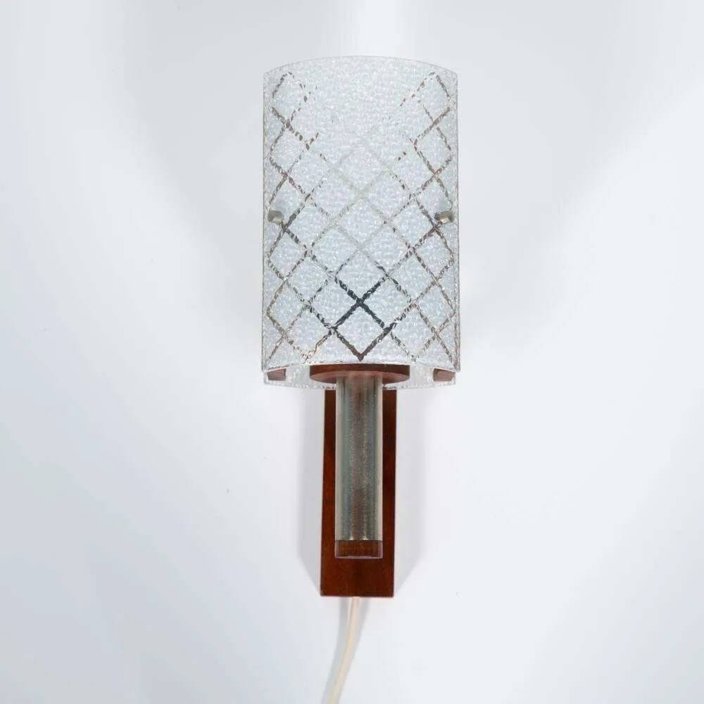 Vintage 1960s wall light, milk glass and bohemian teak.