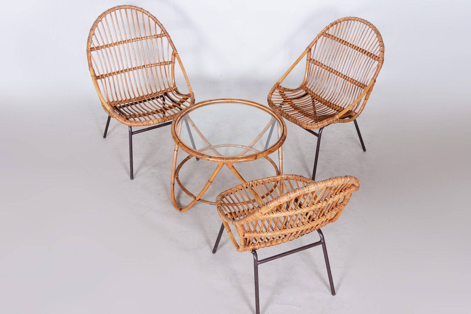 Art Deco Seating Set in Rattan & Steel attributed to Alan Fuchs, 1940s, Set of 4
