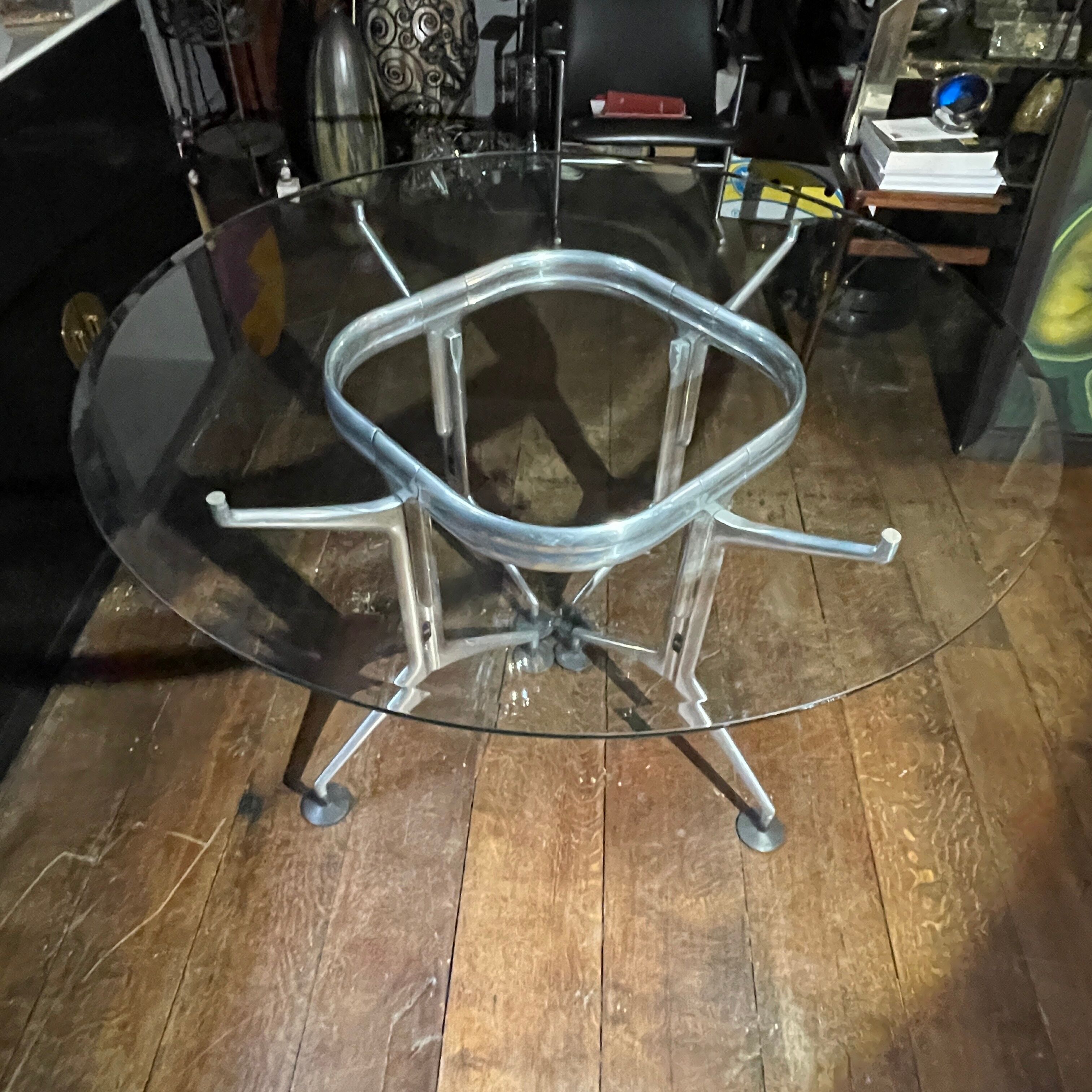 Vintage Round Dining Table in Brushed Aluminum & Beveled Glass, 1970s