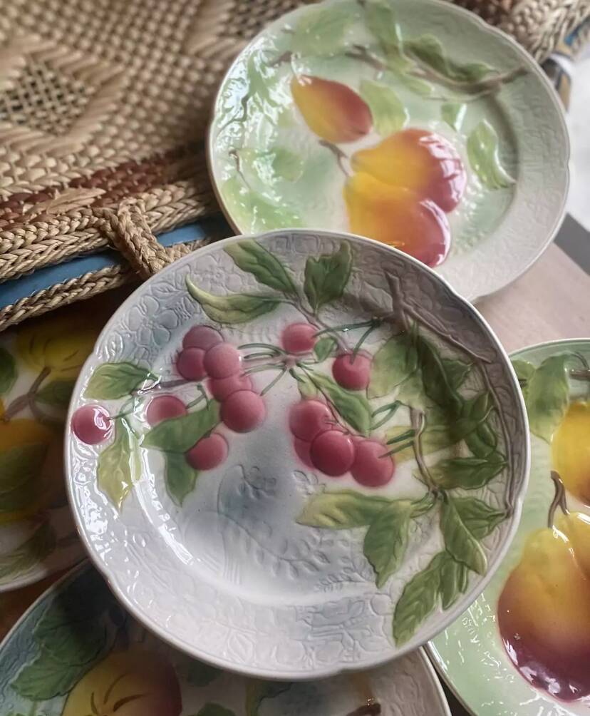 Set of 5 flat plates in Saint-Clément Barbotine earthenware with seasonal fruit motifs