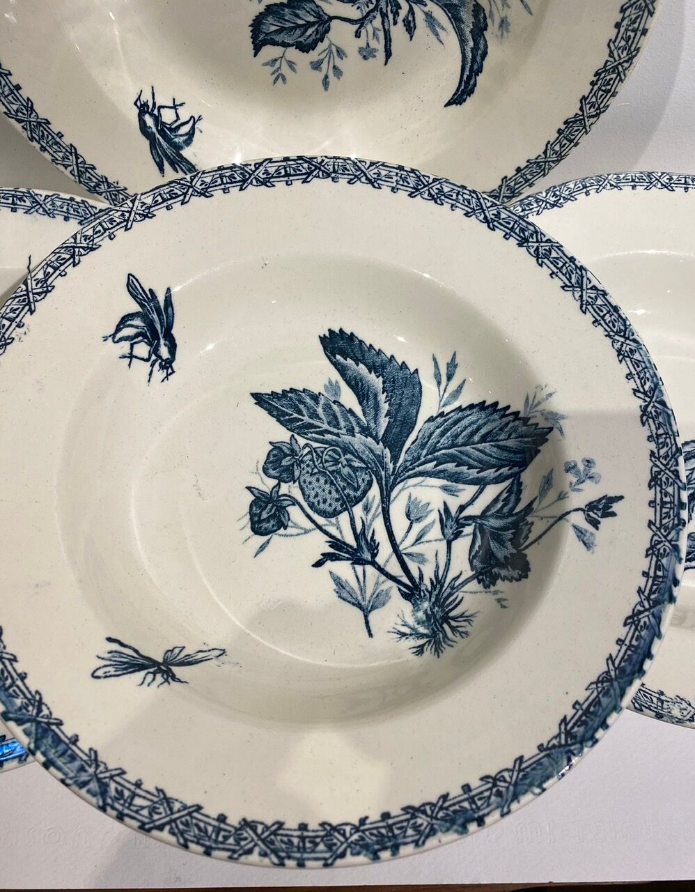 Set of 4 hollow plates, decoration insects and fruits, Manufacture Choisy le Roi Tere de Fer