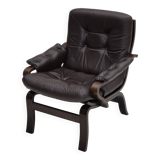 1970s, Scandinavian lounge chair in original condition, brown leather, dark bent wood.