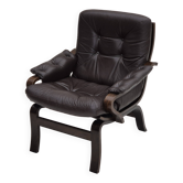 Chaise longue scandinave des années 1970 en état d'origine, cuir marron, bois courbé foncé.