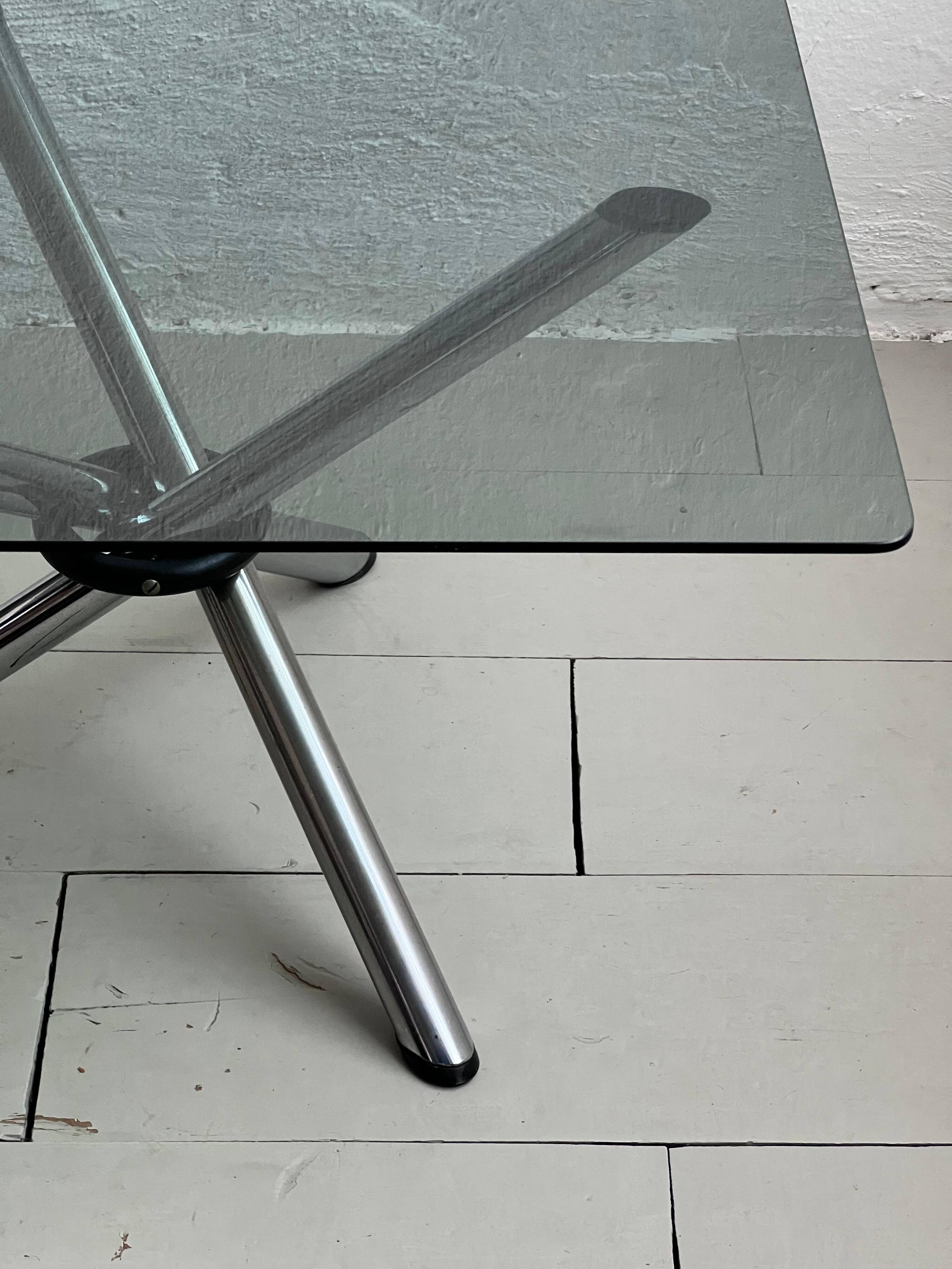 Vintage foldable coffee table, chromed tubular metal and smoked glass