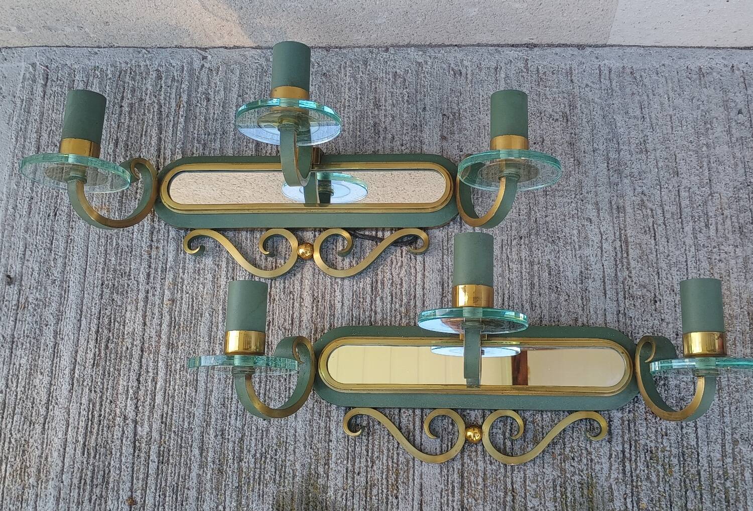 Art Deco luminaire pair of double wall sconces and mirror DLG SUBES AD