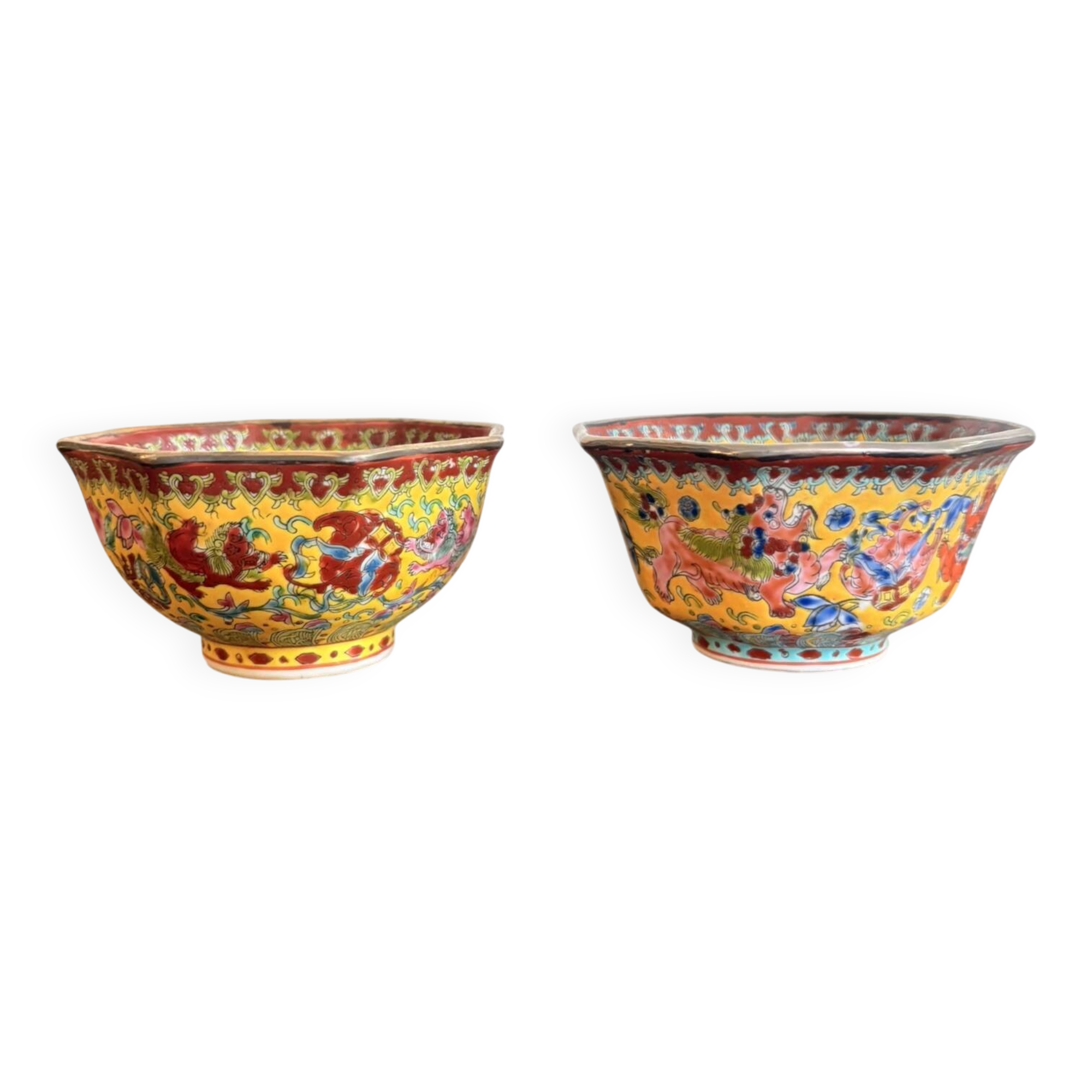 Porcelain Bowls Yellow Family Wancai Chinese Lions Shi Mun Shou Jingdezhen