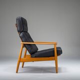 Armchair with Model FD 164 frame by Arne Vodder and Model 118 armrests by Grete Jalk in teak and black leather, Denmark, 1960s