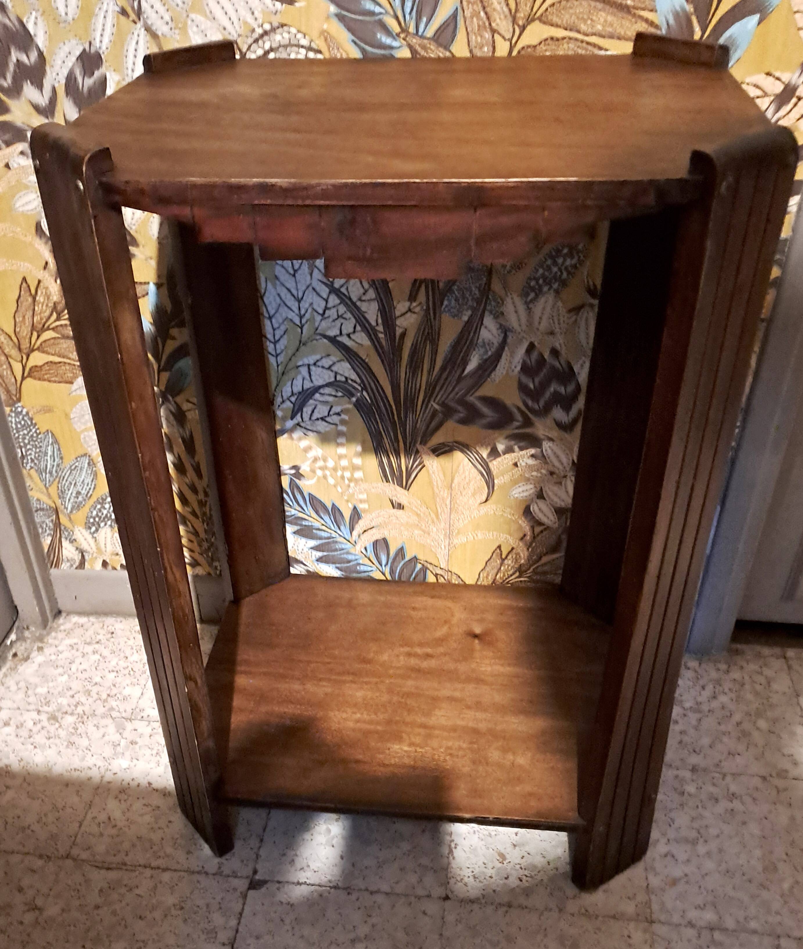 Art Deco side table in rectangular varnished brown wood with 2 shelves 1940