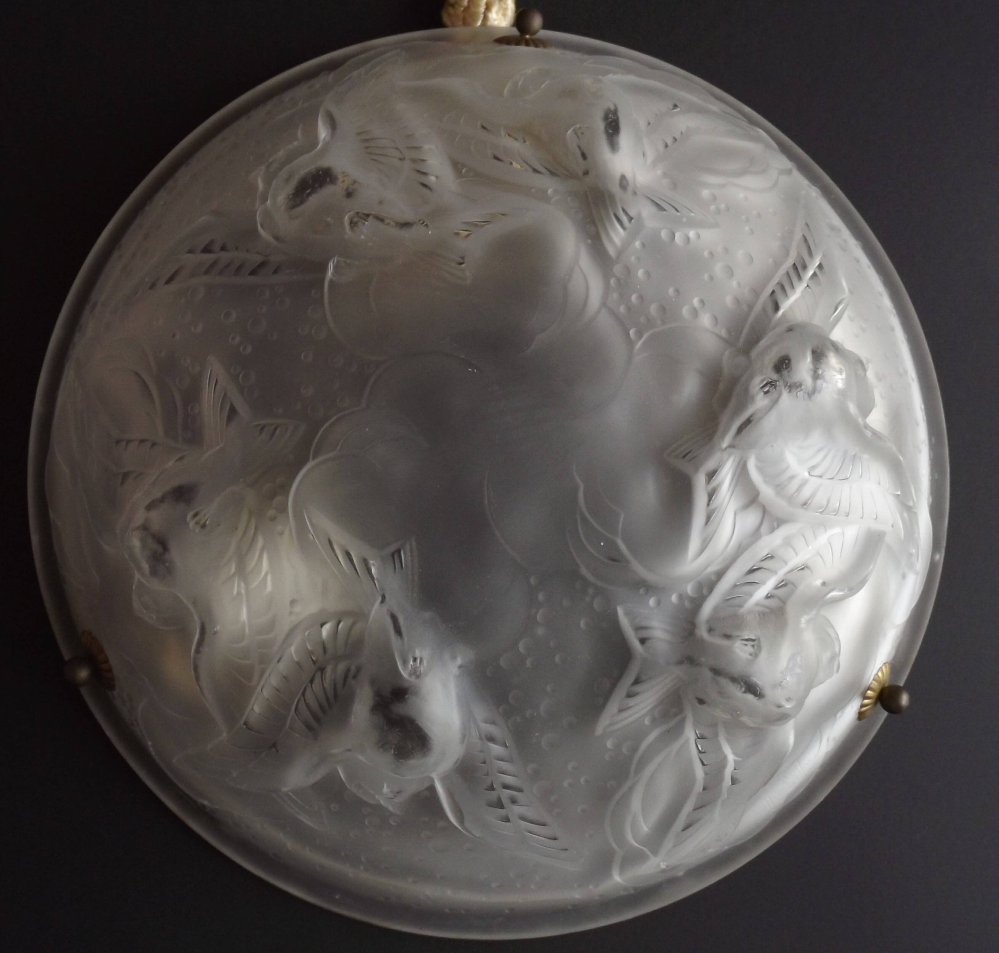 Signed Muller Frères Lunéville Art Deco Ceiling Light Flying Bird Detail