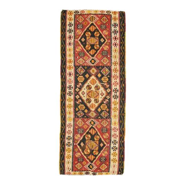 1970s Turkish Oushak Handmade Wool Cotton Red Runner 127x321