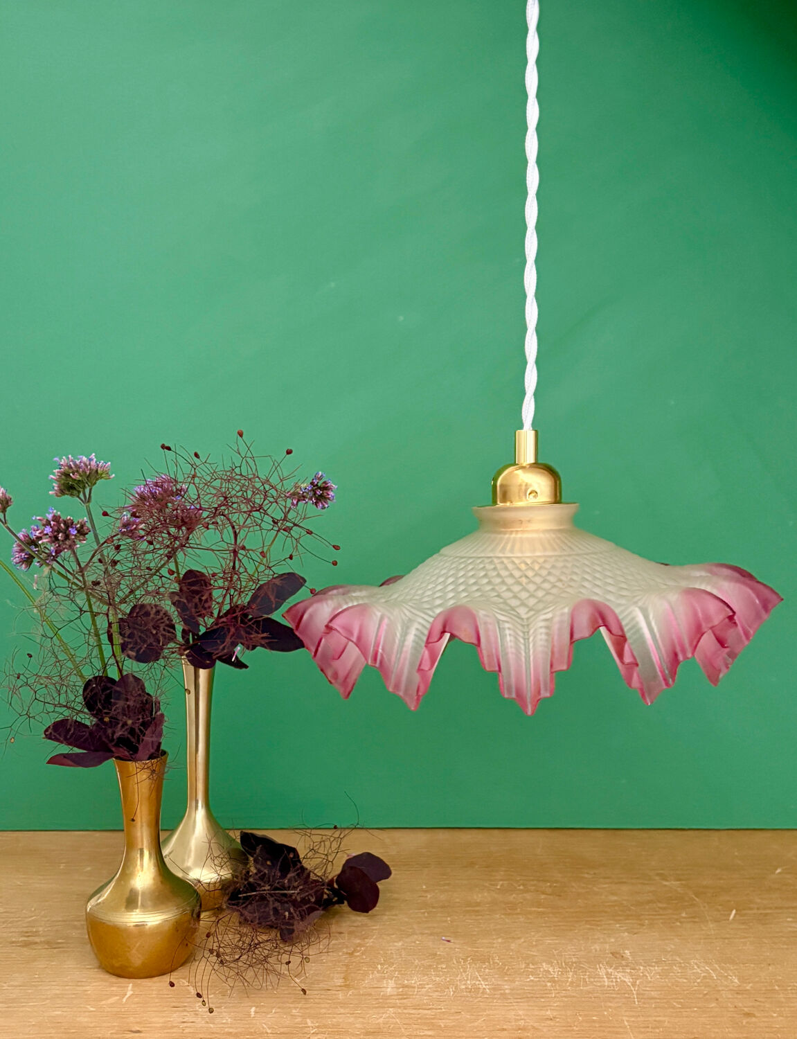 Vintage frosted glass pendant lampshade, half pink, half transparent