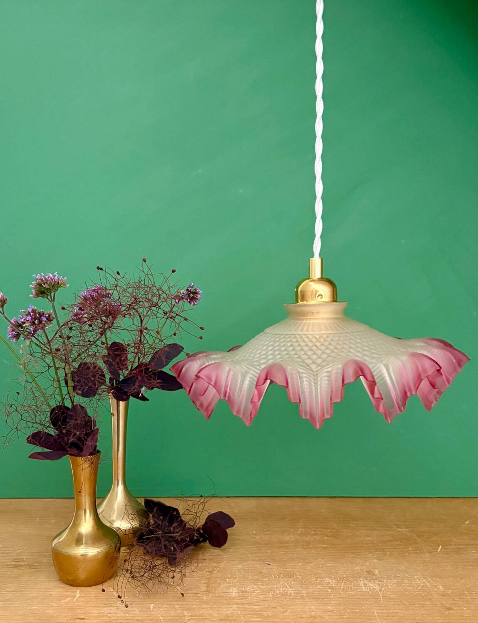 Vintage frosted glass pendant lampshade, half pink, half transparent