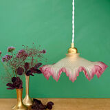 Vintage frosted glass pendant lampshade, half pink, half transparent