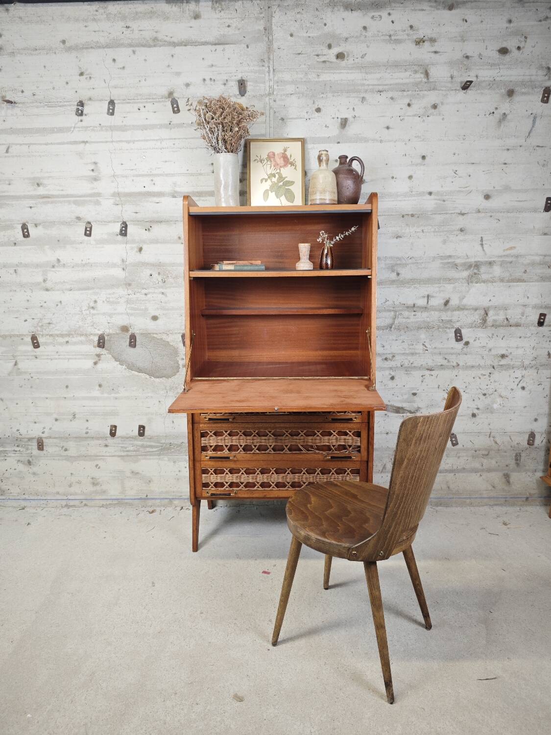 Vintage wooden and rattan secretary