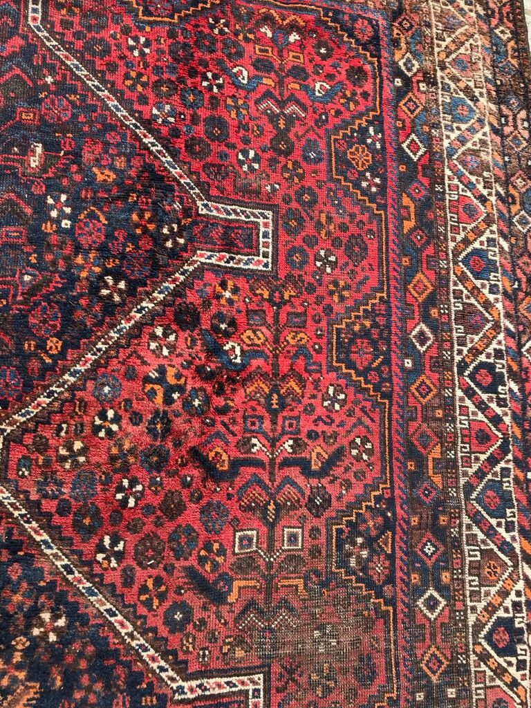 Old Iranian hand made Shiraz wool rug  220 x 312 cm