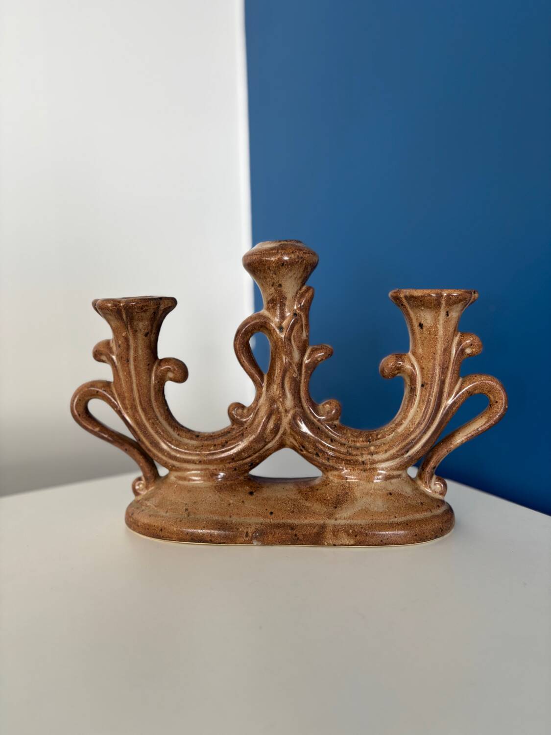 Vintage brown ceramic rustic style candlestick - vintage candle holder