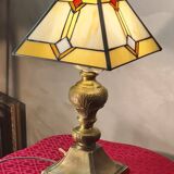 Lampe art deco bronze et laiton h40x30 abat jour style verre tiffany