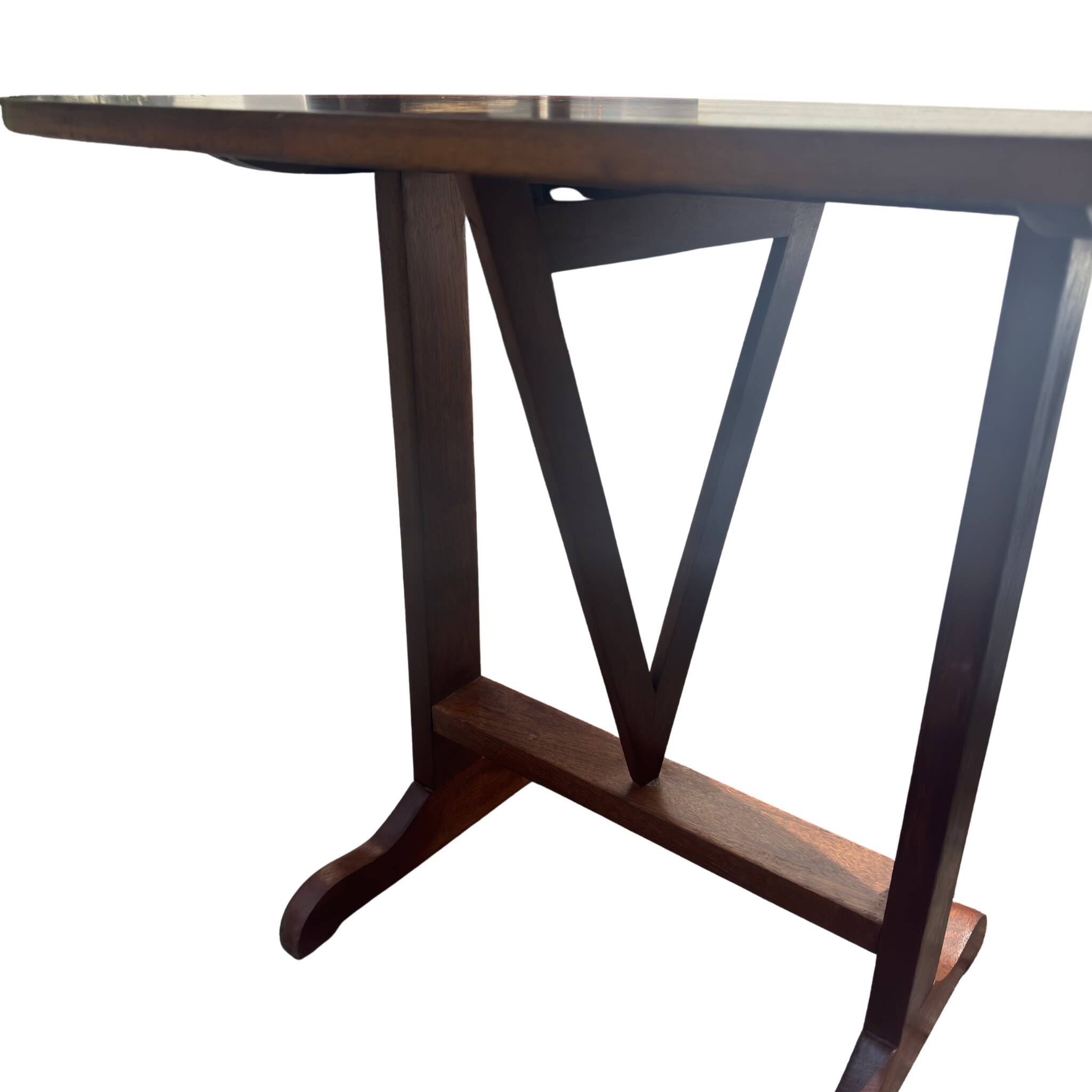 Oval folding table – mahogany veneer – V-shaped base – France, circa 1970
