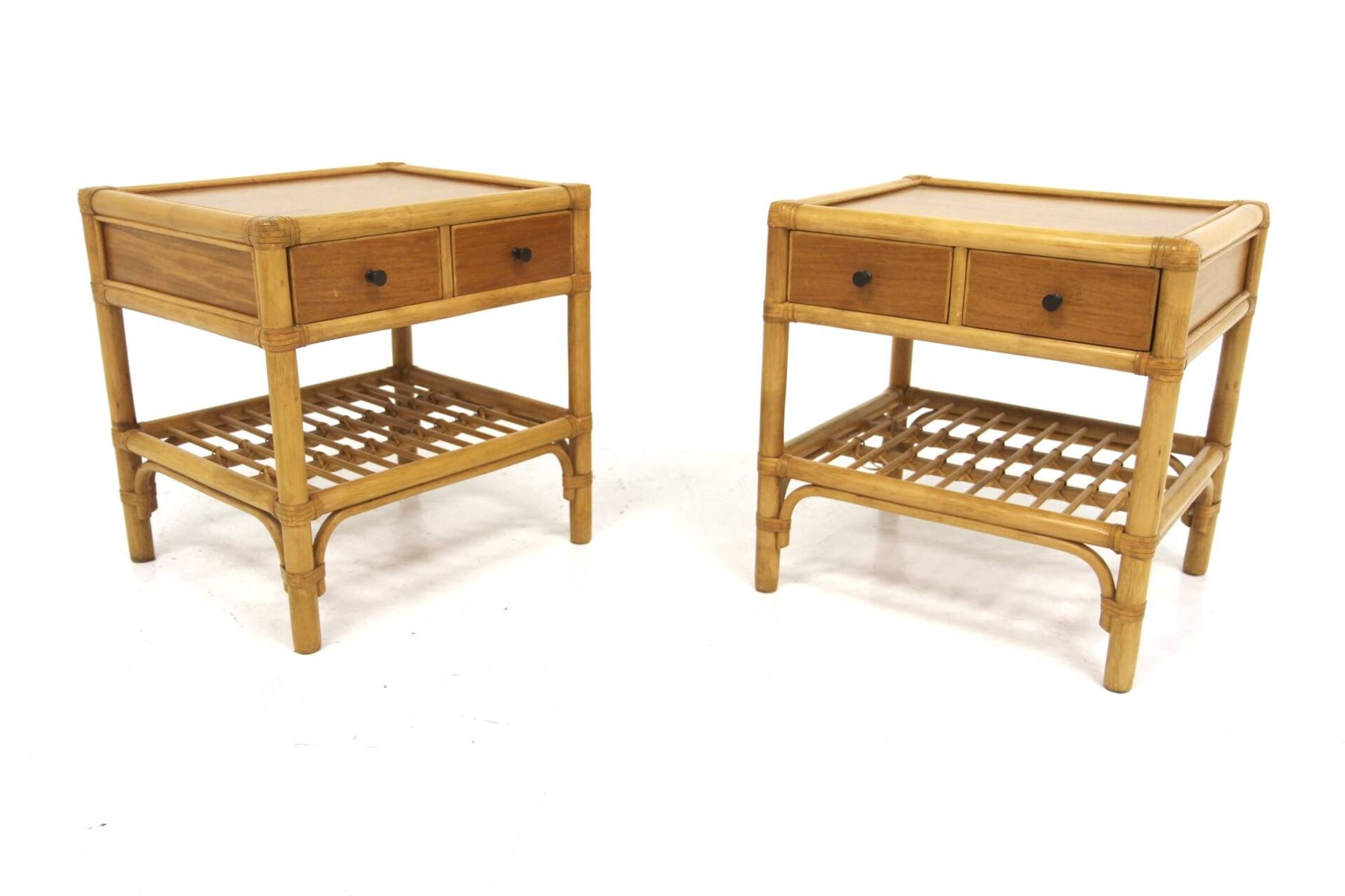 Set of 2 rattan bedside tables, Dux, Sweden, 1960