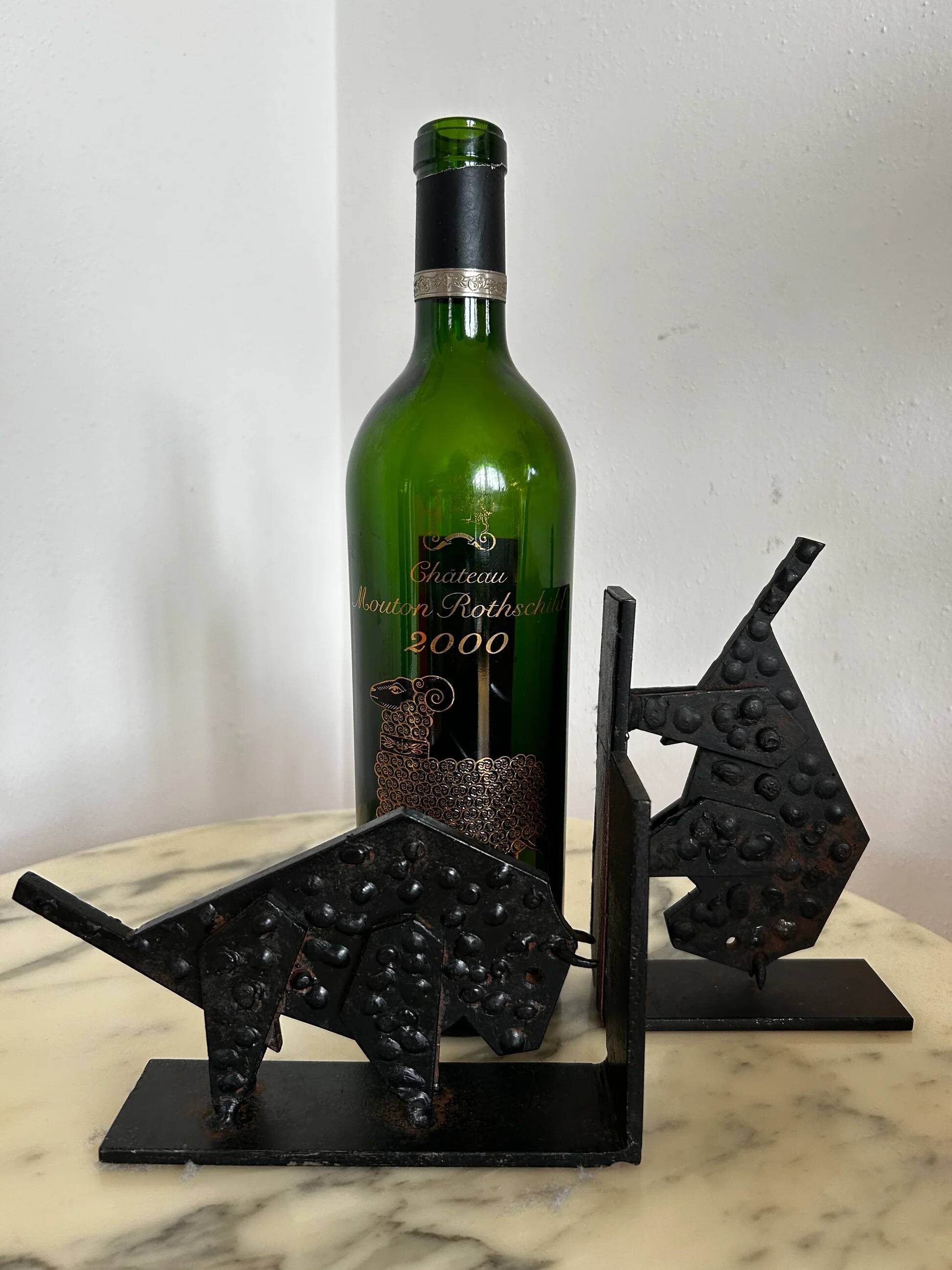 Pair of brutalist buffalo / bison bookends, black metal, mid-century