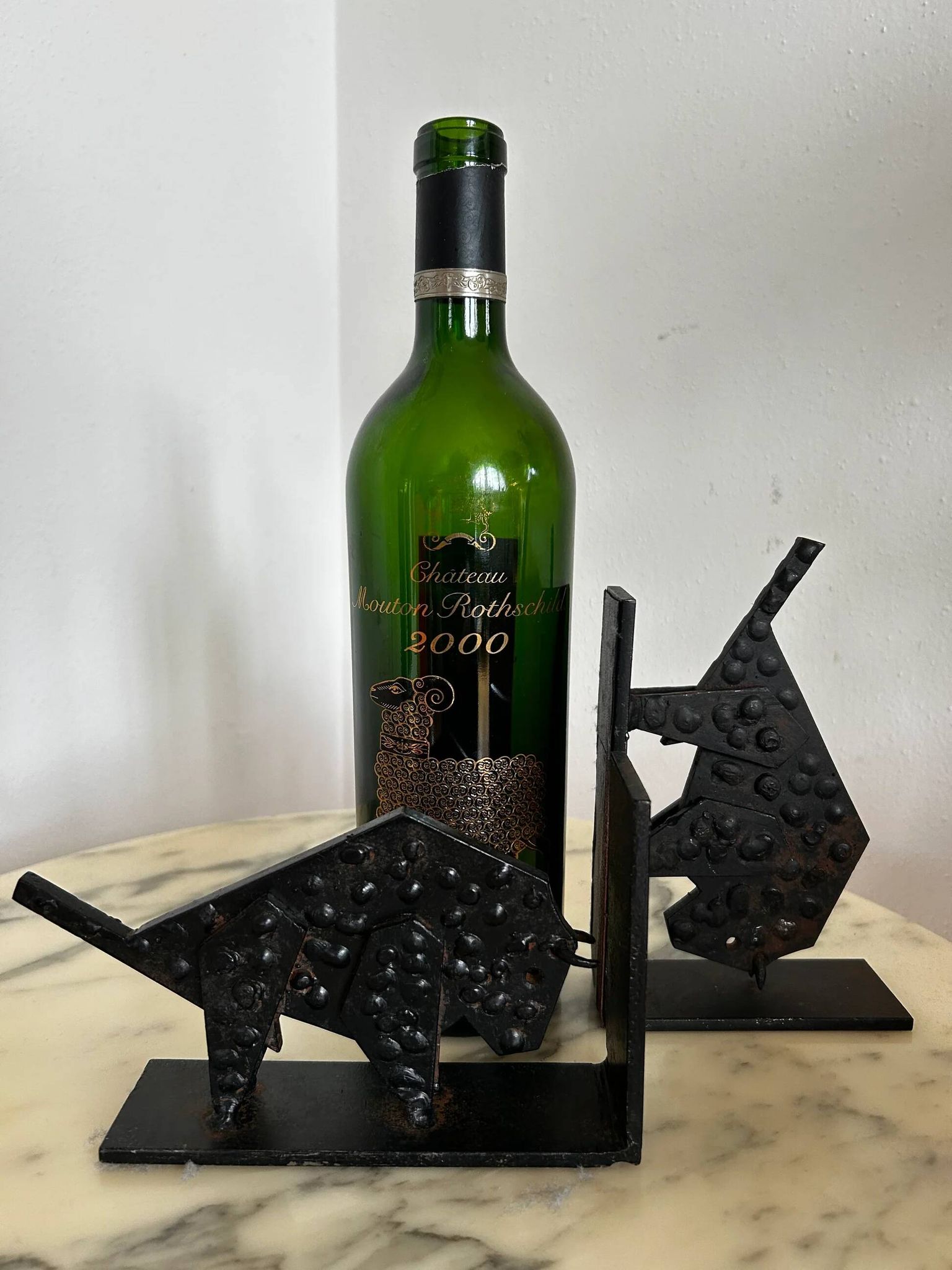 Pair of brutalist buffalo / bison bookends, black metal, mid-century